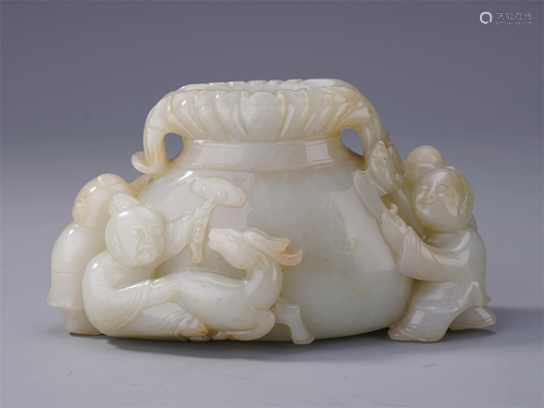 CHINESE WHITE JADE BOY AND DEER BRU…