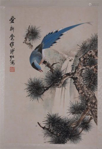 CHINESE SCROLL PAINTING OF BIRD ON PI…