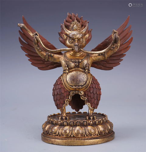 TIBETAN GILT BRONZE STANDING EAGL…