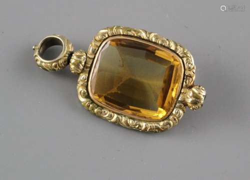 A Victorian yellow metal overlaid citrine fob pendant, overall 46mm, Condition:- Wear to the metal