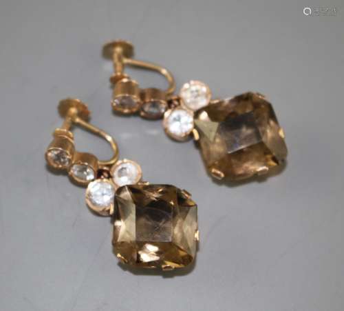 A pair of 9ct, smoky quartz and white paste set drop ear clips, drop 37mm, gross weight 13.5