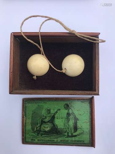 A John Jaques & Son game The Moffillisahn or Indian Castanets, in mahogany slide top box with