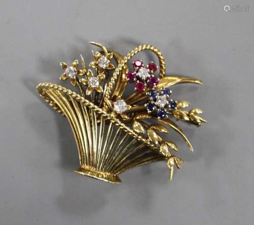 A 1960's 14ct gold, ruby, sapphire and diamond set giardinetto (basket of flowers) brooch, 4cm,