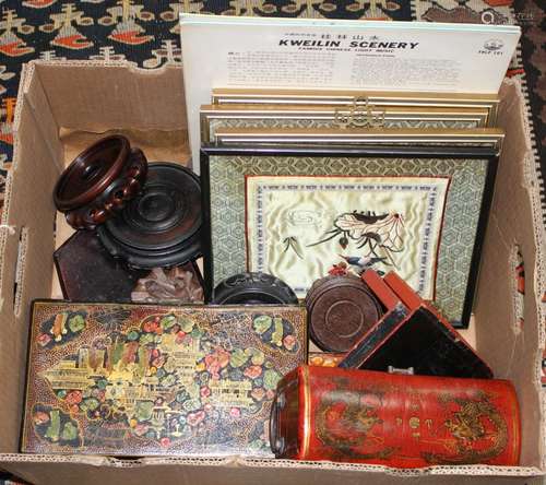 Six Chinese or Japanese wood stands, four Chinese boxes, four embroidered panels, two LPs etc. one