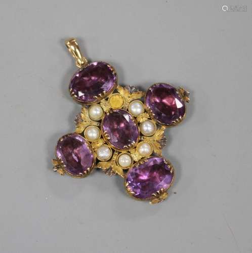 A 19th century textured yellow metal, amethyst 'and split pearl set cross pendant, 39mm, gross 9