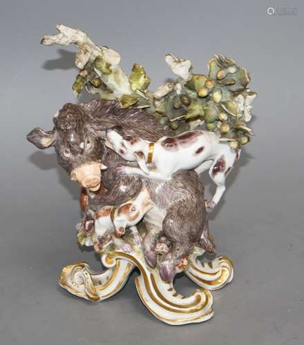 A Chelsea gold anchor boar hunt group, c.1765, H. 21.5cm Condition: With numerous losses to the