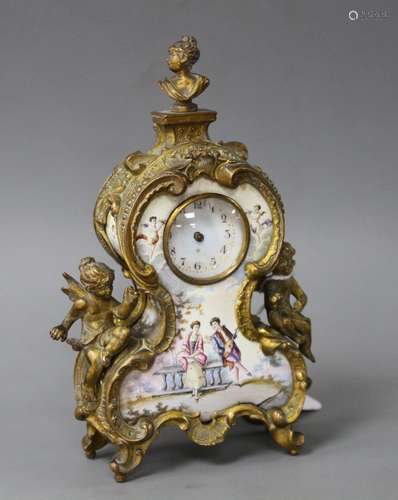 A late 19th century Austrian ormolu and enamel miniature timepiece, height 14cm Condition: Gilding