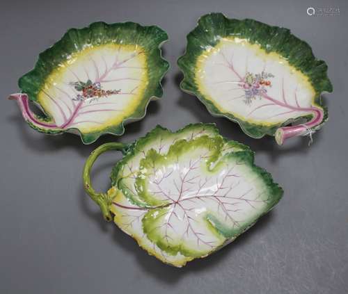 Three Chelsea red anchor 'leaf' dishes, c.1755, 24 and 23.5cm long Condition: The two larger leaf