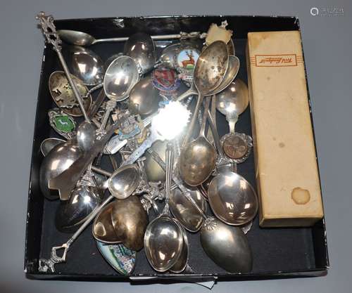 A group of assorted silver and plated spoons including souvenir. Condition: Mildly used condition,