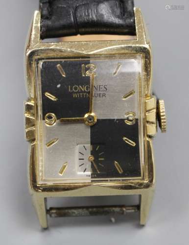 A gentleman's 1940's Art Deco '10k gold filled' Longines Wittnauer manual wind rectangular wrist