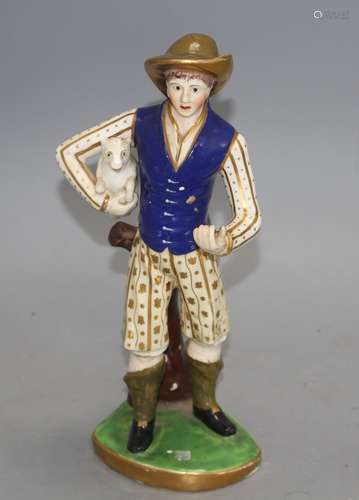 An English porcelain figure of a shepherd, c.1830, possibly Samuel Alcock, H. 26.5cm Condition: