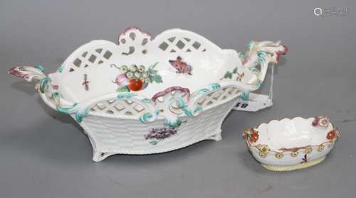 A Chelsea brown anchor 'butterfly and fruit' basket, c. 1758-60, and a Chelsea red anchor 'bird