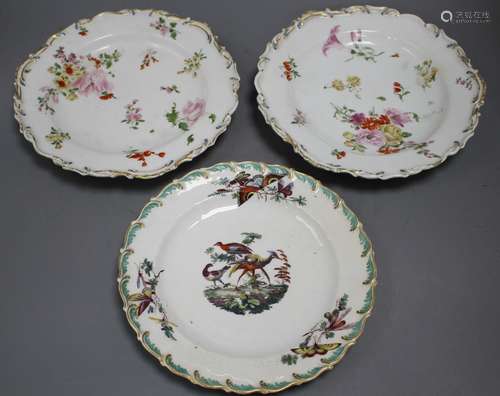 A Chelsea gold anchor 'bird and insect' plate and a similar pair of floral plates, c. 1765, 22 and