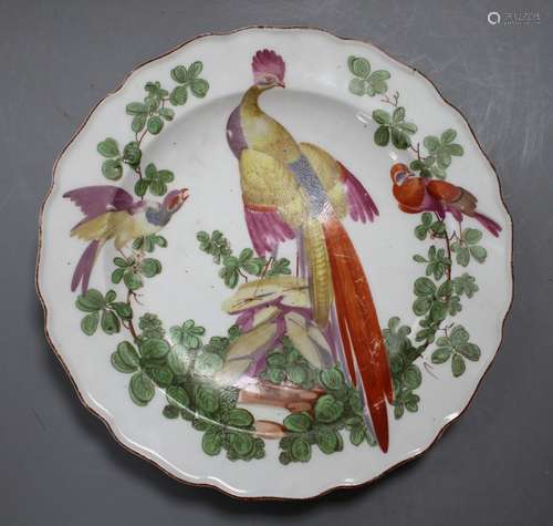 A Chelsea 'exotic bird' plate, c.1758-60, red anchor mark, 21.5cm Condition: Minor wear and black