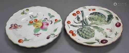 A Chelsea red anchor 'artichoke' plate and a similar 'fruit and butterfly' plate, c.1755, 21.8 and