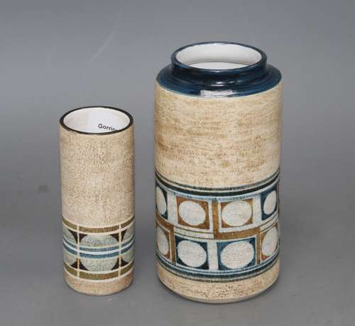 Two Troika cylindrical vases, the largest by Anne Lewis, c.1971, and the smaller by Averil