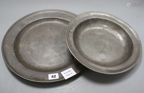 A George III pewter charger by William Hogg of Newcastle, diameter 34cm and a dished plate 27cm