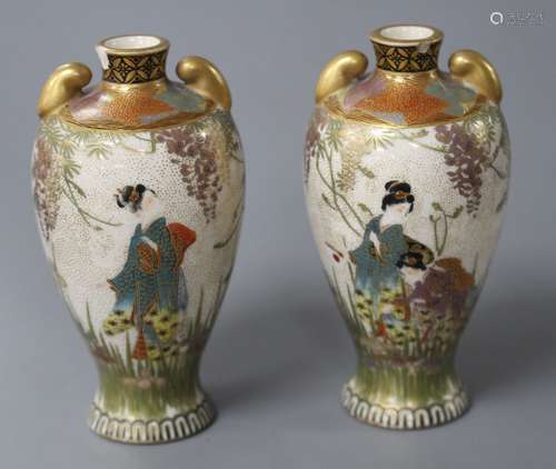 A pair of small Satsuma vases, decorated with geisha in gardens, height 8.75cm Condition: Both