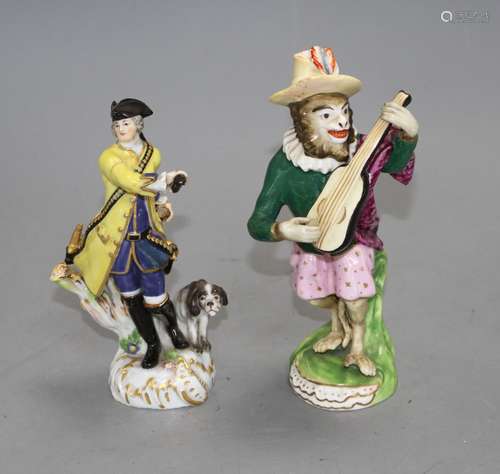 A 19th century Meissen figure of a huntsman and a 19th century English porcelain monkey band figure,