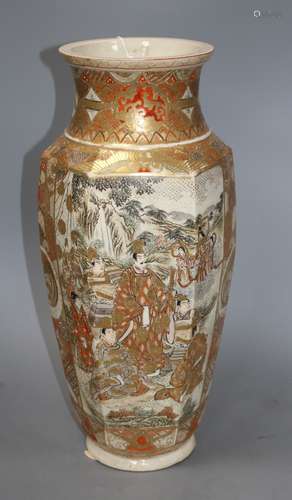 A Satsuma hexagonal vase, decorated with panels of figures in landscapes, height 46cm Condition: