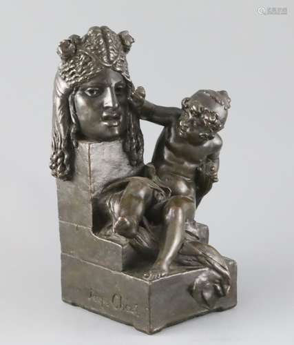 Gustave-Joseph Chéret (1838-1894). A bronzed terracotta group of putto beside a classical mask,