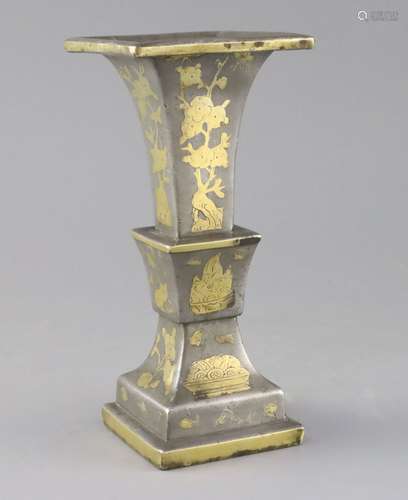 A Chinese pewter and brass inlaid altar square vase, 18th / 19th century, decorated with insects,