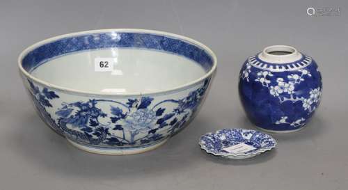 A large Chinese blue and white bowl, 29.5cm a prunus jar, height 12cm and a Kangxi blue and white