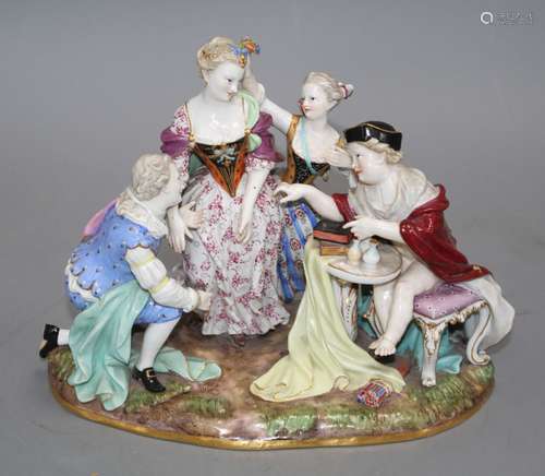 A Meissen group of an elegant lady with attendants, width 23cm, height 19cm Condition: Right hand of