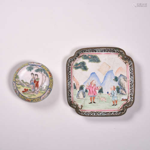 清中期
铜胎画珐琅倭角盘&印泥盒