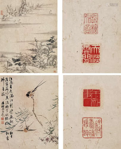 潘祺（壽山） - 花鳥、山水、印鈐（套四） 紙本 鏡片