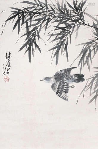 盧坤峰 - 竹鳥（原裝舊裱） 紙本 立軸