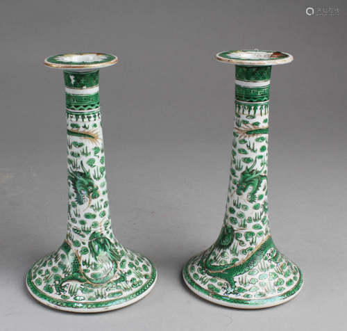 A Pair of Antique Famille Verte Candle Holders