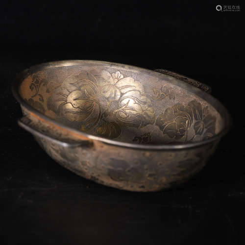 清代铜鎏金錾刻花卉纹耳杯