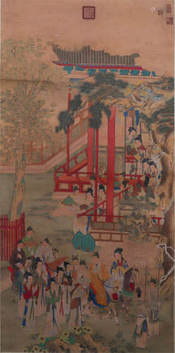 CHINESE SILK HANDSCROLL PAINTING OF BEAUTY GATHERING