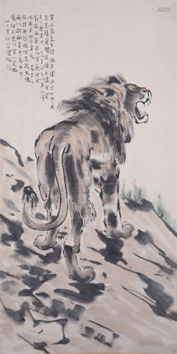 CHINESE INK AND COLOR PAINTING OF MALE LION AND CALLIGRAPHY