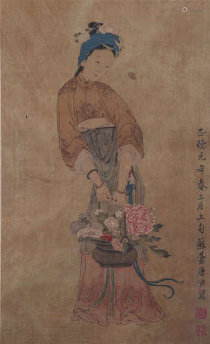 CHINESE SILK HANDSCROLL PAINTING OF BEAUTY AND FLOWER BY TANG BOHU