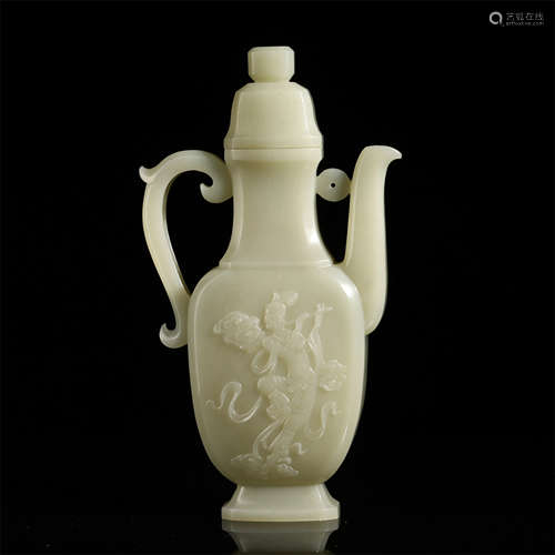 CHINESE JADE CARVED FIGURE LIDDED KETTLE