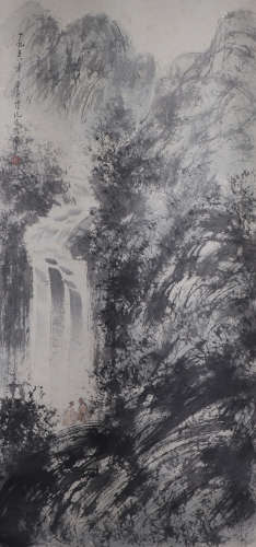 CHINESE INK PAINTING OF FIGURE IN LANDSCAPE BY FU BAOSHI