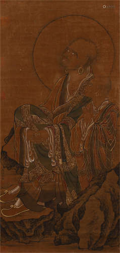 CHINESE HANGING SCROLL INK PAINTING OF SEATED ARHAT