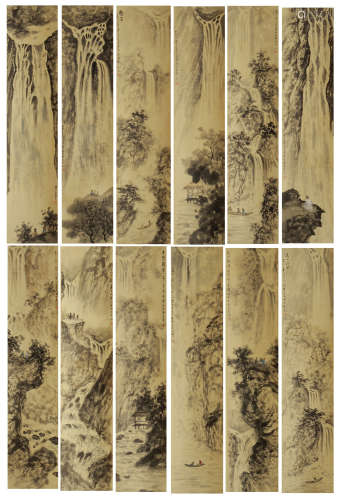 SET OF 12 CHINESE PAINTING OF MOUTAIN VIEWS BY FU BAOSHI
