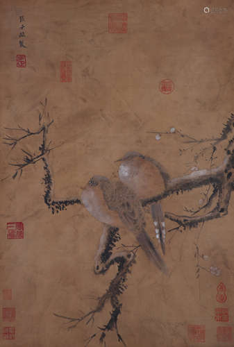 CHINESE SILK HANDSCROLL PAINTING OF DOUBLE BIRDS BY ZHANG ZIZHENG