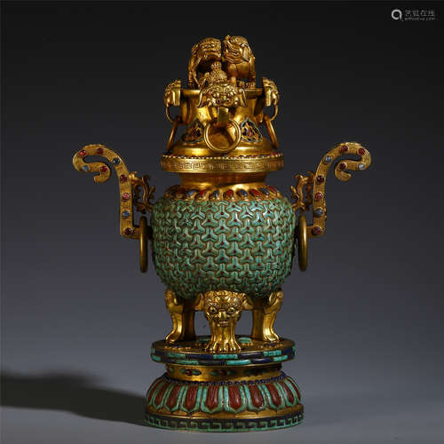 CHINESE GILT BRONZE TURQUOISE TRIPLE FEET LIDDED CENSER