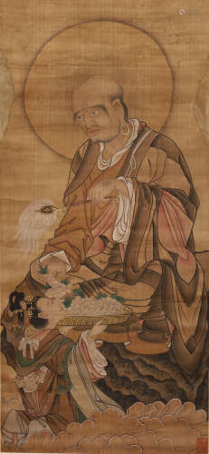 CHINESE SILK HANDSCROLL PAINTING OF ARHAT WITH LONG EYEBROWS