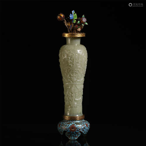 CHINESE JADE CARVED FLOWER VASE ON CLOISONNE STAND