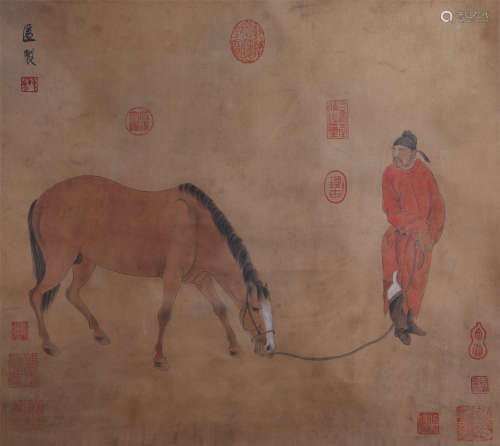 CHINESE SILK HANDSCROLL PAINTING OF MAN AND HORSE