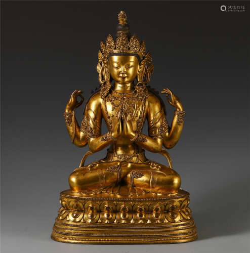 CHINESE GILT BRONZE FOUR ARM GUANYIN WITH LOTUS