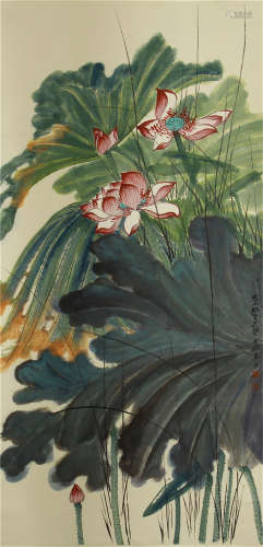 CHINESE INK AND COLOR PAINTING OF LOTUS BLOSSOMMING IN RIVE