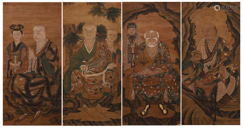 SET OF 4 CHINESE PAINTING OF SEATED ARHATS