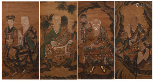 SET OF 4 CHINESE PAINTING OF SEATED ARHATS