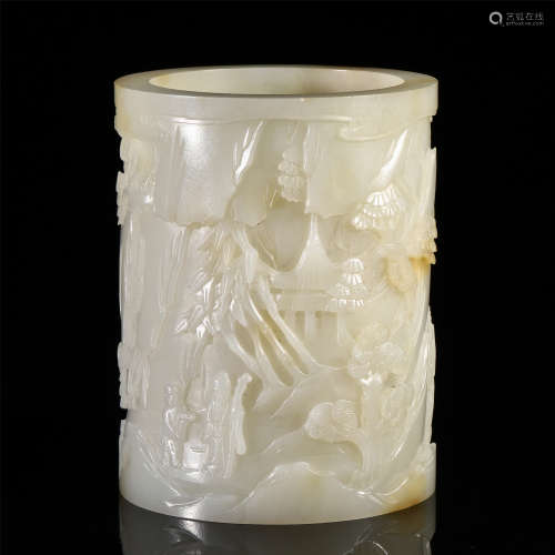A FINELY CHINESE JADE CARVED FIGURE LANDSCAPE BRUSH POT